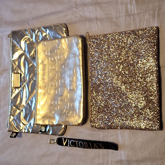 Trio of Victoria's Secret gold and pink sparkle pouches wristlets - Picture 8 of 13